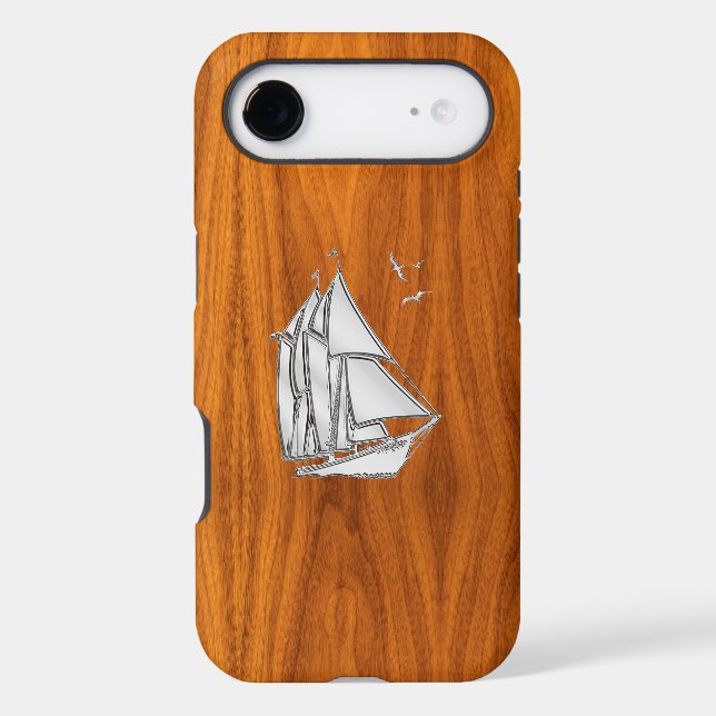 Nautical Chrome Sail Boat on Teak Wood Print (Back)