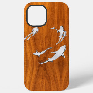 Nautical Chrome Sharks on Teak Wood Print iPhone 12 Pro Max Case