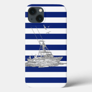 Nautical Chrome Sport Fishin on Navy Stripes Print iPhone 13 Case