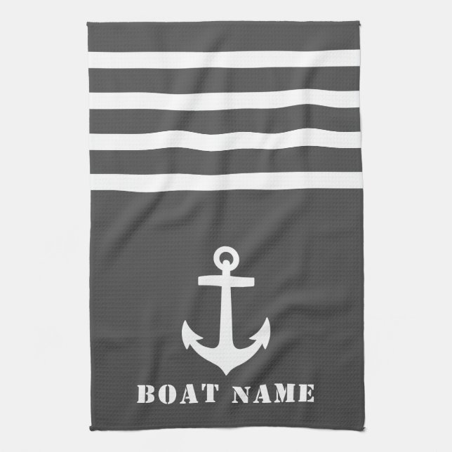 Nautical Classic Anchor Your Boat Name Grey White Tea Towel (Vertical)