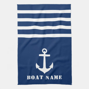 Nautical Classic Anchor Your Boat Name Navy Blue Tea Towel