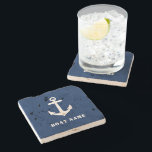 Nautical Classic Boat Anchor With Your Boat Name Stone Coaster<br><div class="desc">Nautical Classic Boat Anchor With Your Custom Name or Boat Name on a Navy Blue Stone Coaster.</div>
