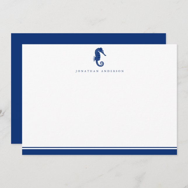 Nautical Coast Navy Seahorse Note Card (Front/Back)
