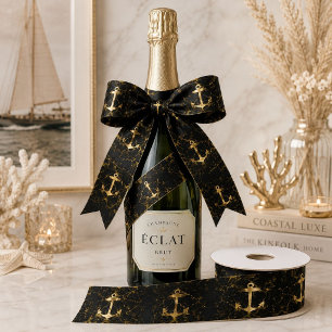 Nautical Coastal Beach Black Marble Golden Anchor Satin Ribbon