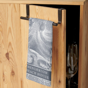 Nautical Coastal Beach House Blue White Octopus Tea Towel