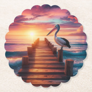Nautical/coastal/beach pelican sunset paper coaster