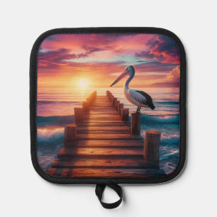Nautical/coastal/beach pelican sunset pot holder