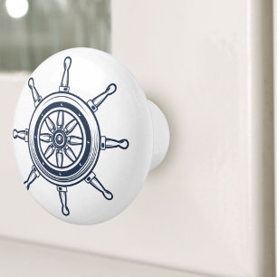 Nautical Coastal Blue Beach House Boat Ship Wheel Ceramic Knob
