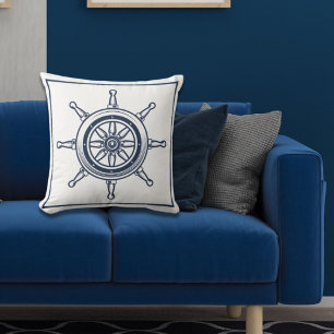 Nautical Coastal Blue Beach House Boat Ship Wheel Cushion