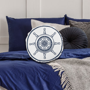 Nautical Coastal Blue Beach House Boat Ship Wheel Round Cushion