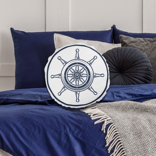 Nautical Coastal Blue Beach House Boat Ship Wheel Round Cushion (Nautical Coastal Blue Beach House Boat Ship Wheel Round Pillow)