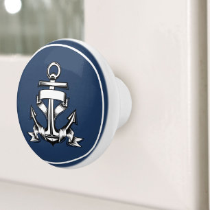 Nautical Coastal Blue Beach House Ship Anchor Ceramic Knob