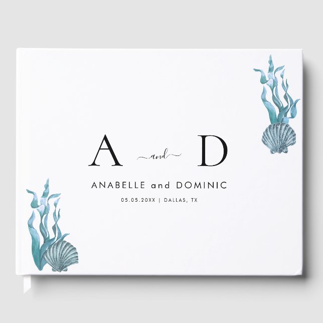 Nautical Coastal Blue Seashell Wedding Monogram Guest Book (Front)