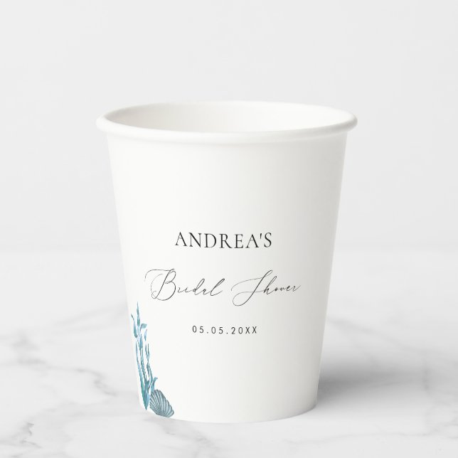Nautical Coastal Blue Shell Summer Bridal Shower Paper Cups (Front)