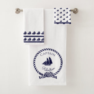 Nautical coastal Captain name Sailboat Navy Blue Bath Towel Set
