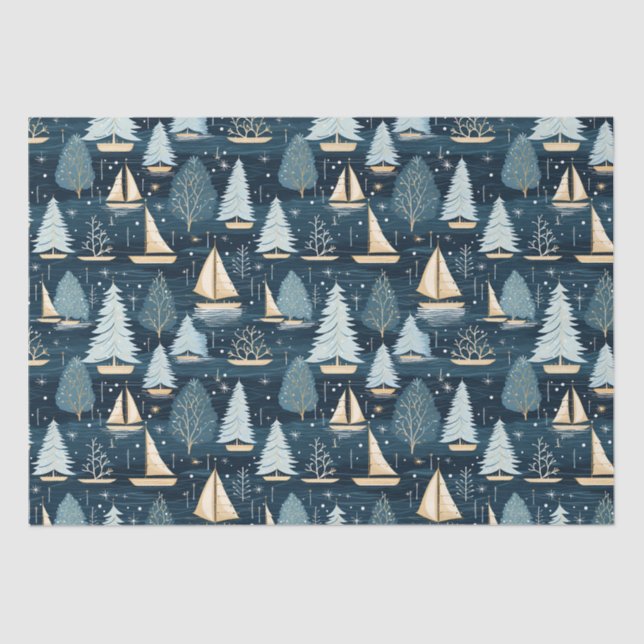 Nautical Coastal Christmas Sailboat Tissue Paper (Front)
