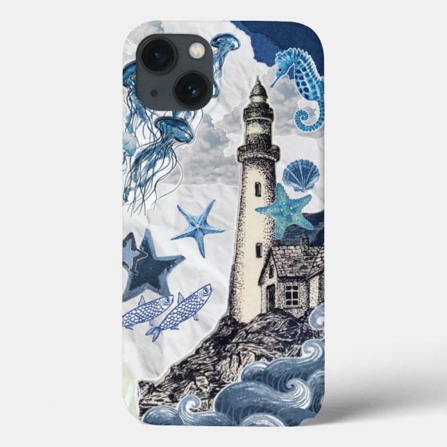 Nautical Coastal Collage: Lighthouse & Sea Life Ed Case-Mate iPhone Case (Back)