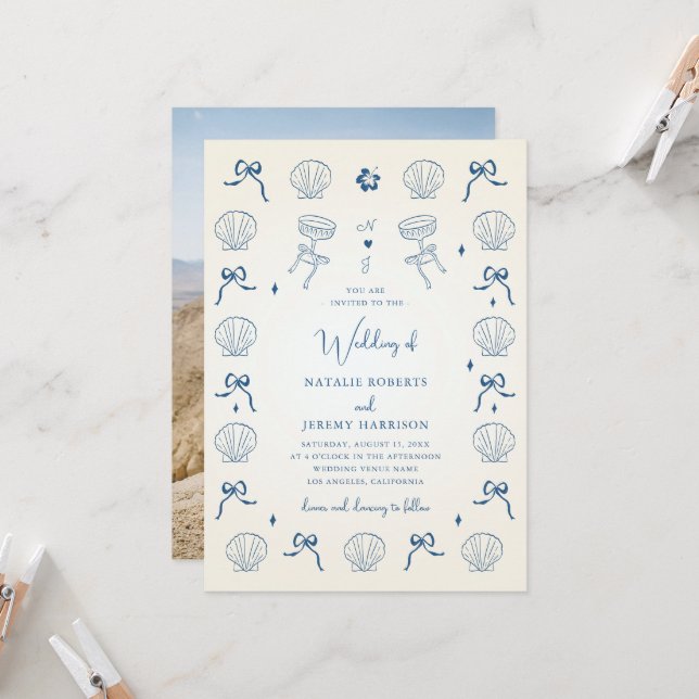 Nautical Coastal Hand Drawn Seashell Shell Wedding Invitation (Front/Back In Situ)