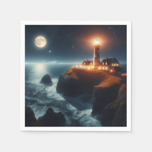 Nautical/coastal lighthouse at night with moon napkin