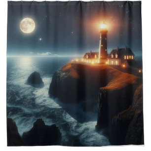 Nautical/coastal lighthouse at night with moon shower curtain