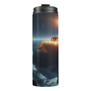 Nautical/coastal lighthouse at night with moon thermal tumbler