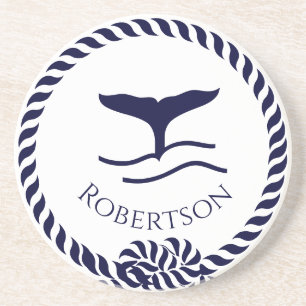 Nautical coastal name  Sailboat Whale  Navy Blue   Coaster
