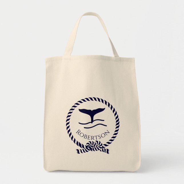 Nautical coastal name  Sailboat Whale  Navy Blue Tote Bag (Front)