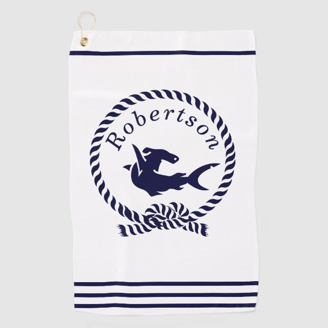 Nautical coastal name Shark Navy Blue  Golf Towel (Front)