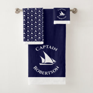 Nautical Coastal Navy Blue Captain Name Sailboat Bath Towel Set