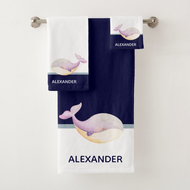 Nautical Coastal Navy Blue Grey White Pink Whale  Bath Towel Set (Insitu)