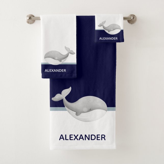 Nautical Coastal Navy Blue Grey White Whale  Bath Towel Set (Insitu)