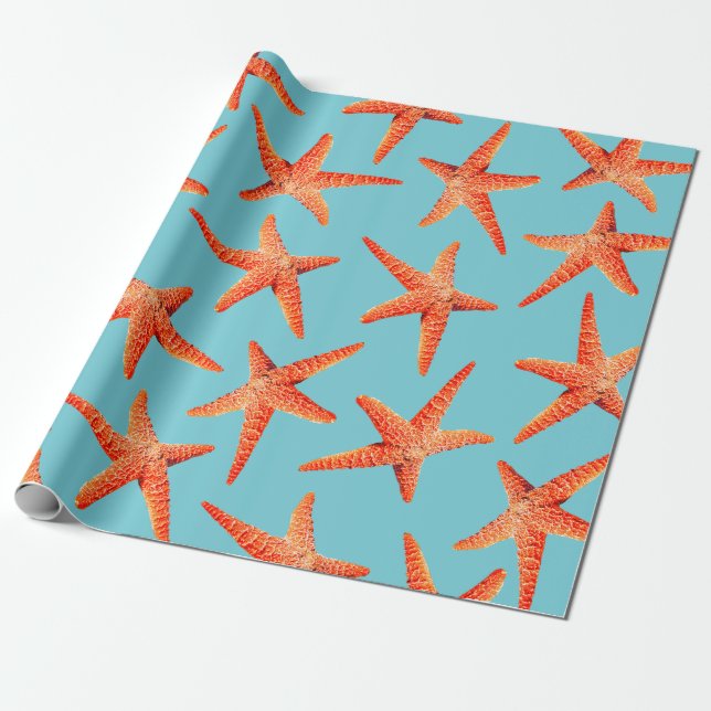 Nautical Coastal Red Orange Starfish & Cyan Blue Wrapping Paper (Unrolled)
