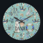 Nautical Coastal Sea Beach Teal Boy Room Name Large Clock<br><div class="desc">Wall clock with a teal background with watercolor-painted coastal decor items with customisable name.</div>