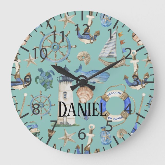 Nautical Coastal Sea Beach Teal Boy Room Name Large Clock (Front)