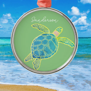 Nautical Coastal Sea Turtle  Blue Yellow Green   Metal Ornament