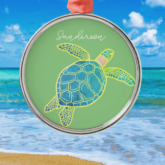 Nautical Coastal Sea Turtle Blue Yellow Green Metal Ornament