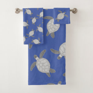  Nautical Coastal Silver Grey Sea Turtle Blue Bath Towel Set