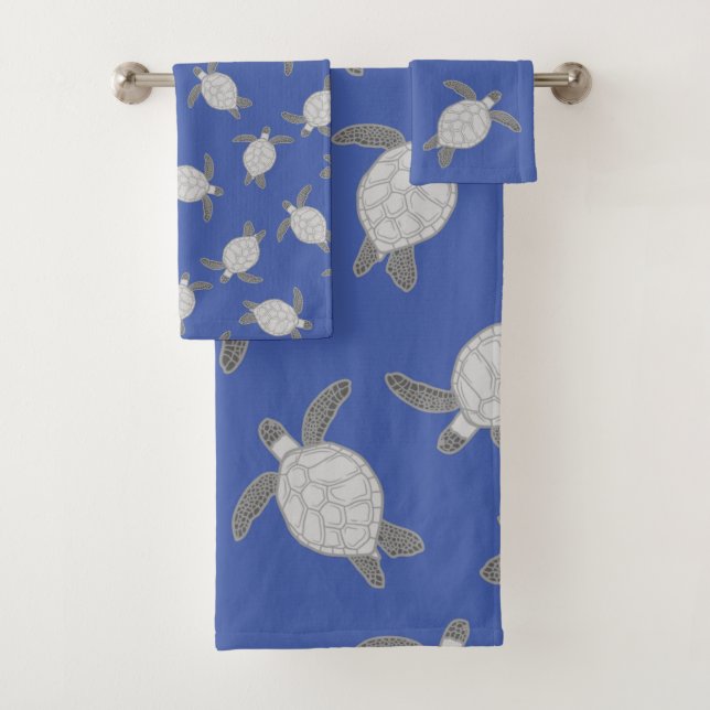  Nautical Coastal Silver Grey Sea Turtle Blue Bath Towel Set (Insitu)