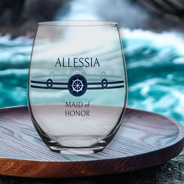 Nautical Coastal Wedding Bridesmaid Stemless Wine Glass (Nautical wedding bridesmaid gift - or personalize for anyone in your wedding party)