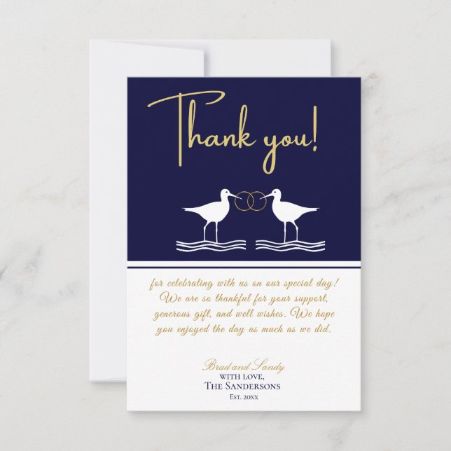 Nautical Coastal Wedding Navy Blue Sandpipers  Thank You Card (Front)