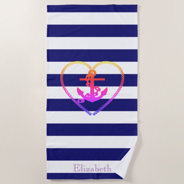 Nautical Colourful Anchor Navy Blue Stripe Beach Towel (Front)