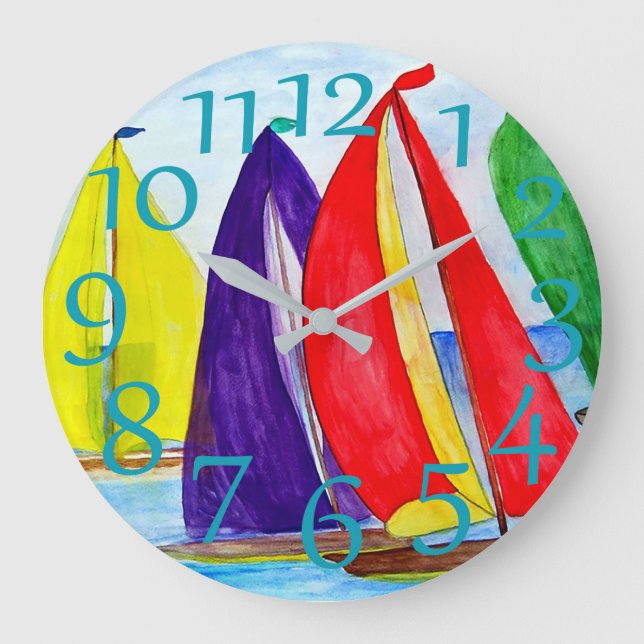 Nautical colourful sails acrylic wall clock. large clock (Front)