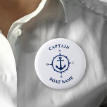 Nautical Compass Anchor Captain Boat Name Navy 6 Cm Round Badge<br><div class="desc">Navy Blue Nautical Compass Anchor and Your Personalized Boat Name and Customizable Captain Rank Button.</div>