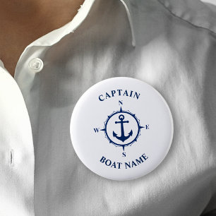 Nautical Compass Anchor Captain Boat Name Navy 6 Cm Round Badge
