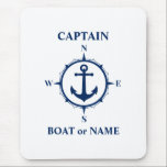Nautical Compass Anchor Captain or Boat Name Navy Mouse Pad<br><div class="desc">Nautical Compass Anchor & Your Personalised Captain Name or Boat Name Mouse Pad.</div>