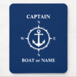 Nautical Compass Anchor Captain or Boat Name Navy Mouse Pad<br><div class="desc">Nautical Compass Anchor & Your Personalised Captain Name or Boat Name Mouse Pad.</div>