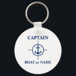 Nautical Compass Anchor Captain or Boat Name White Key Ring<br><div class="desc">Nautical Compass and Anchor with Personalized Captain Name or Boat Name in Navy Blue on a White Keychain.</div>