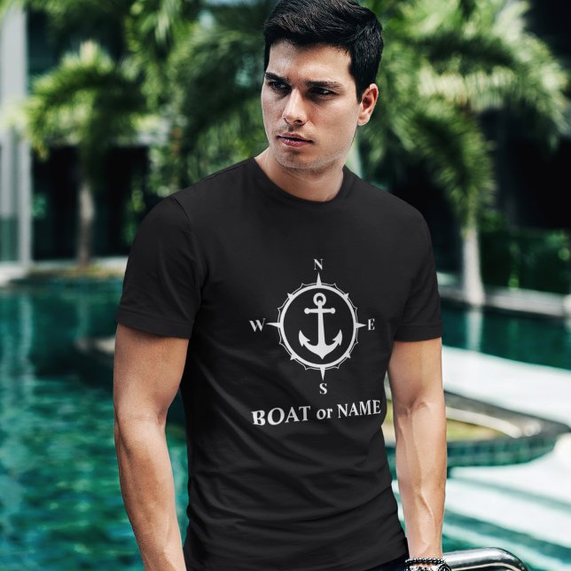 Nautical Compass Anchor Your Boat or Name Black T-Shirt (Creator Uploaded)