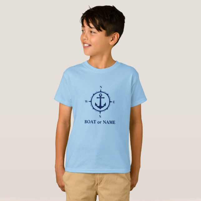 Nautical Compass Anchor Your Boat or Name Blue T-Shirt (Front Full)