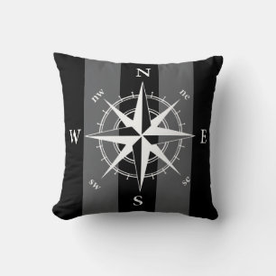 Nautical compass black white vertical strips cushion